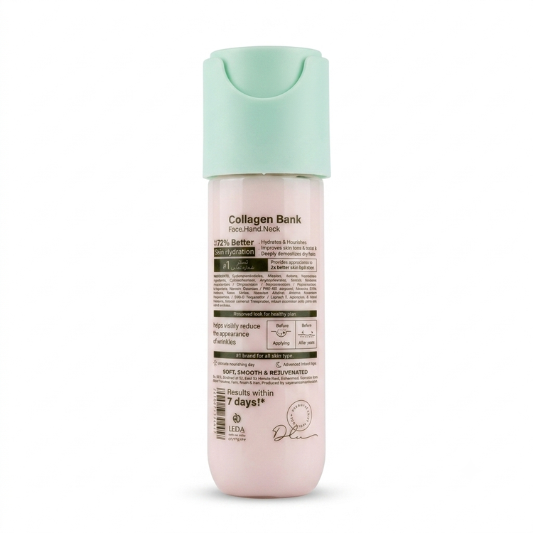 نمای پشت کرم Collamin Collagen Bank 125ml شامل اطلاعات محصول، روش مصرف، ترکیبات و مشخصات، مناسب انواع پوست برای استفاده روزانه.