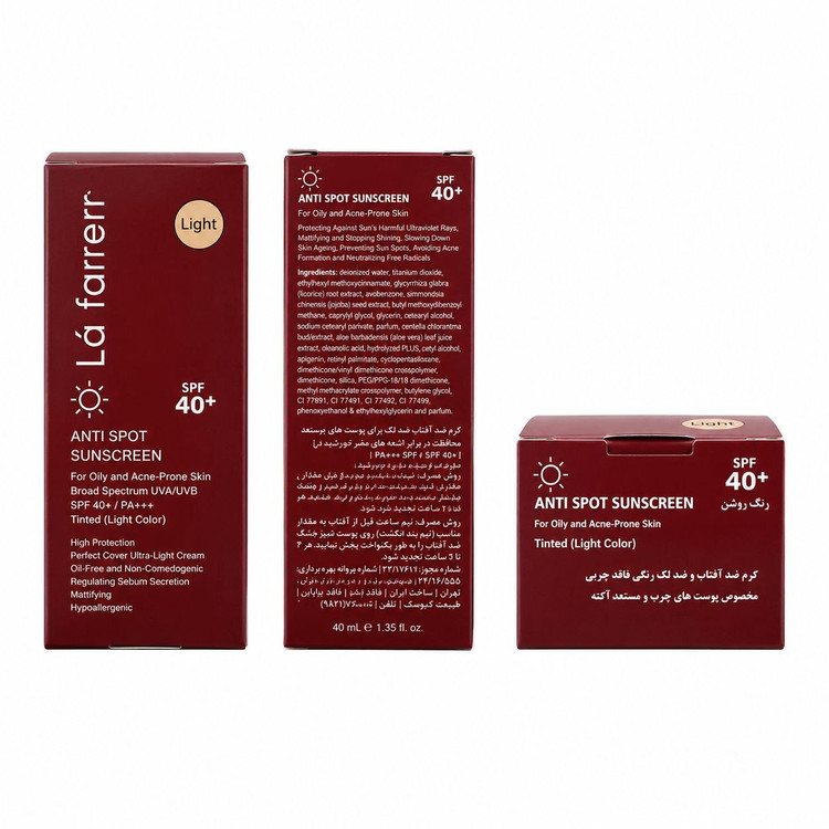 کرم ضد آفتاب و ضد لک رنگی لافارر SPF40 رنگ لایت مخصوص پوست چرب و آکنهدار