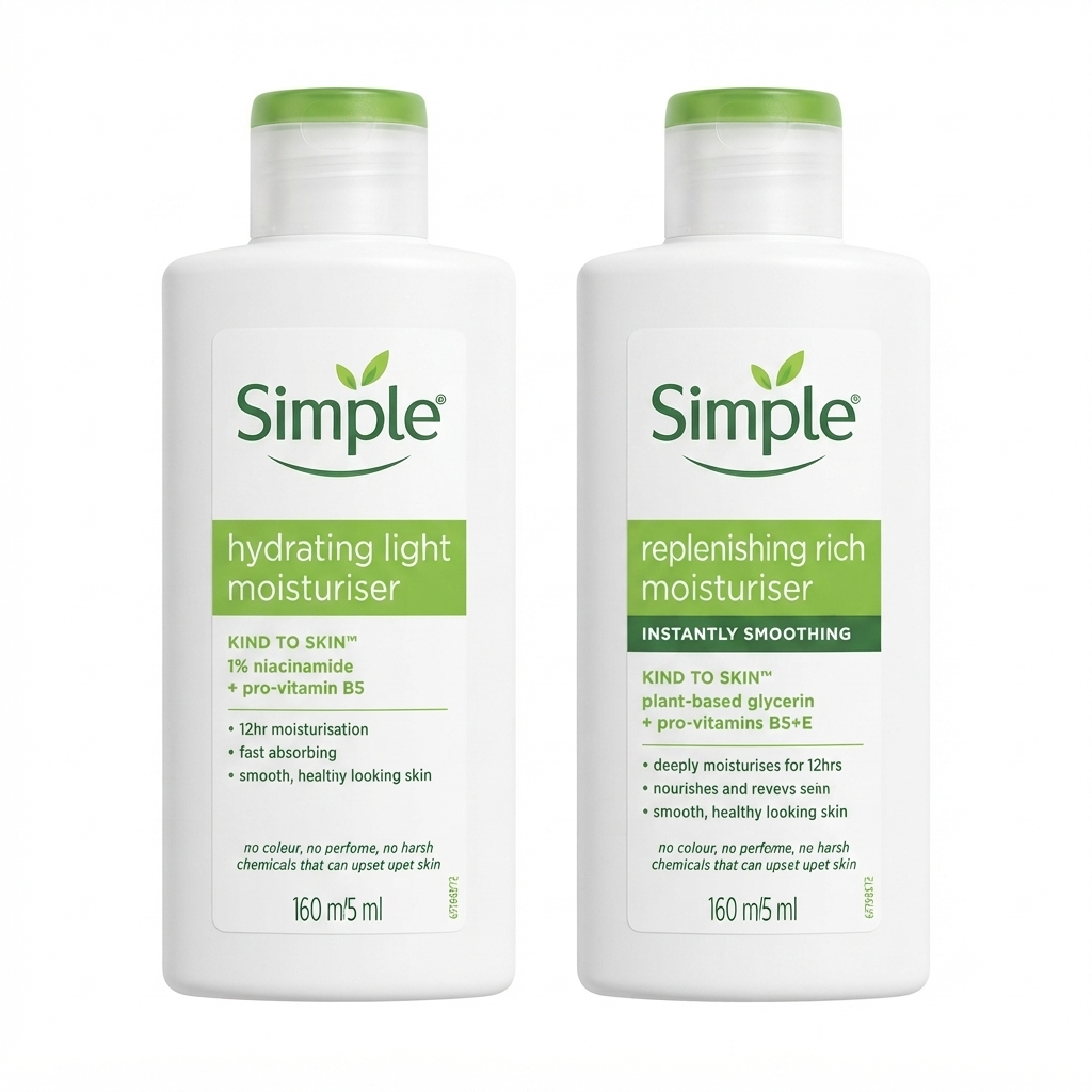 نمای جلوی جعبمقایسه کرم مرطوب‌کننده Light و Rich برند سیمپله کرم مرطوب‌کننده سیمپل Replenishing Rich Moisturiser حجم ۱۲۵ میلی‌لیتر