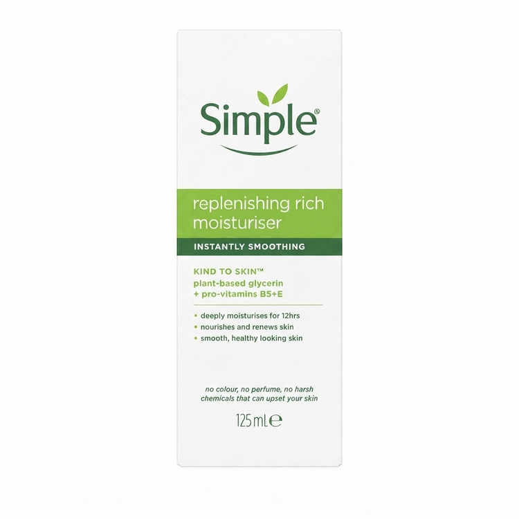 نمای جلوی جعبه کرم مرطوبکننده سیمپل Replenishing Rich Moisturiser حجم ۱۲۵