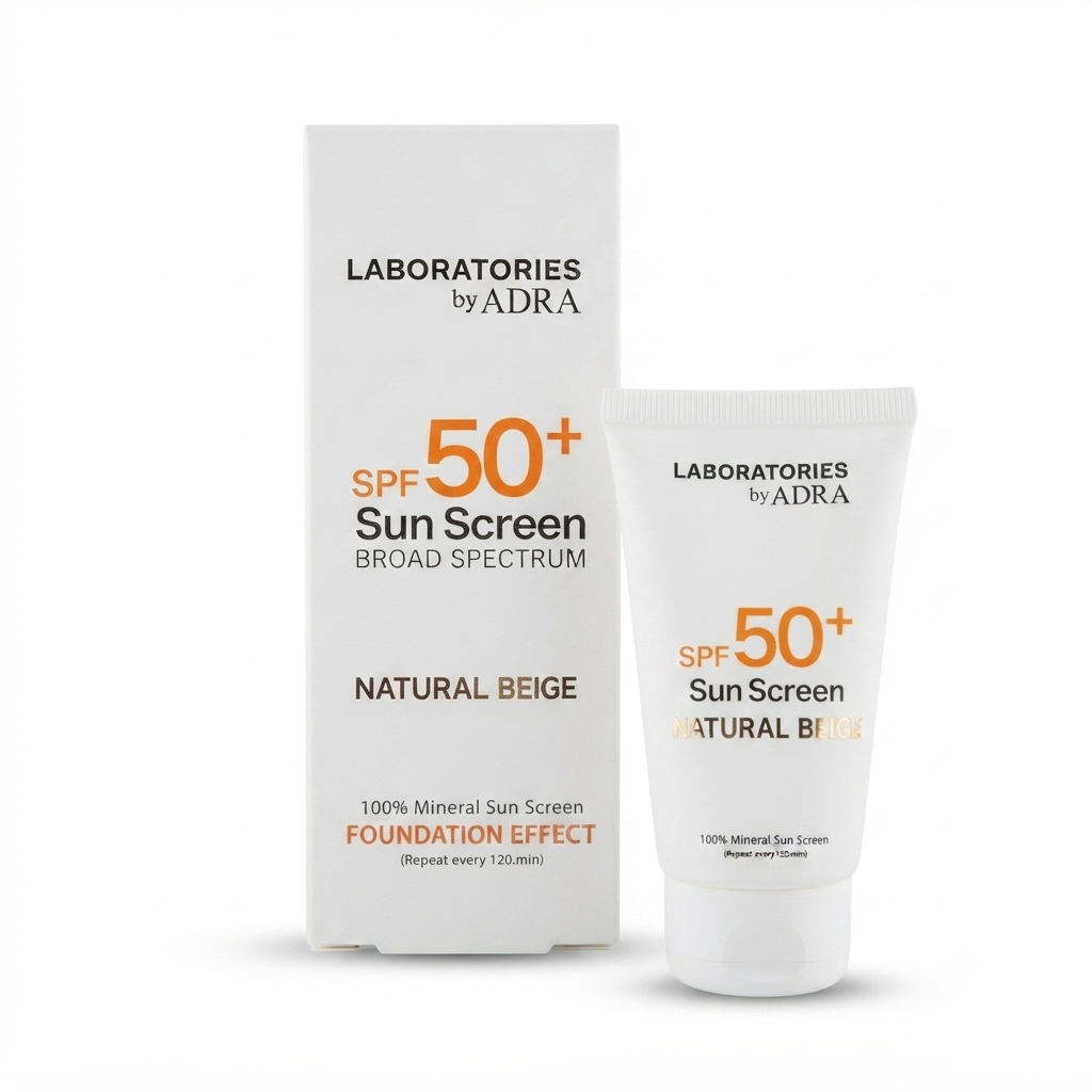 ضد آفتاب رنگی ژلی SPF50+ لابراتواریز بژ طبیعی با محافظت UVA و UVB در آرایشی نرگسی