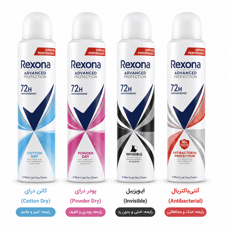 اسپری ضد تعریق رکسونا Advanced Protection با فناوری MotionSense و ماندگاری 72 ساعته در چهار رایحه در آرایشی نرگسی