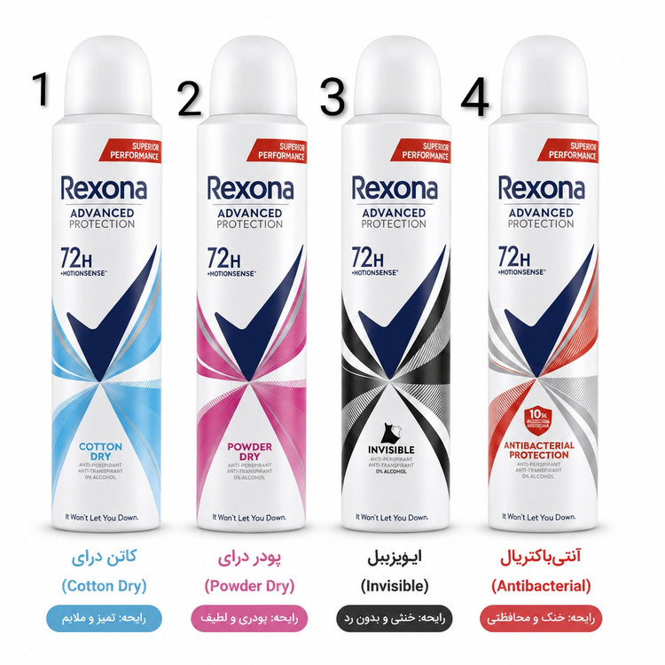 اسپری ضد تعریق رکسونا Advanced Protection با فناوری MotionSense و ماندگاری 72 ساعته در چهار رایحه در آرایشی نرگسی