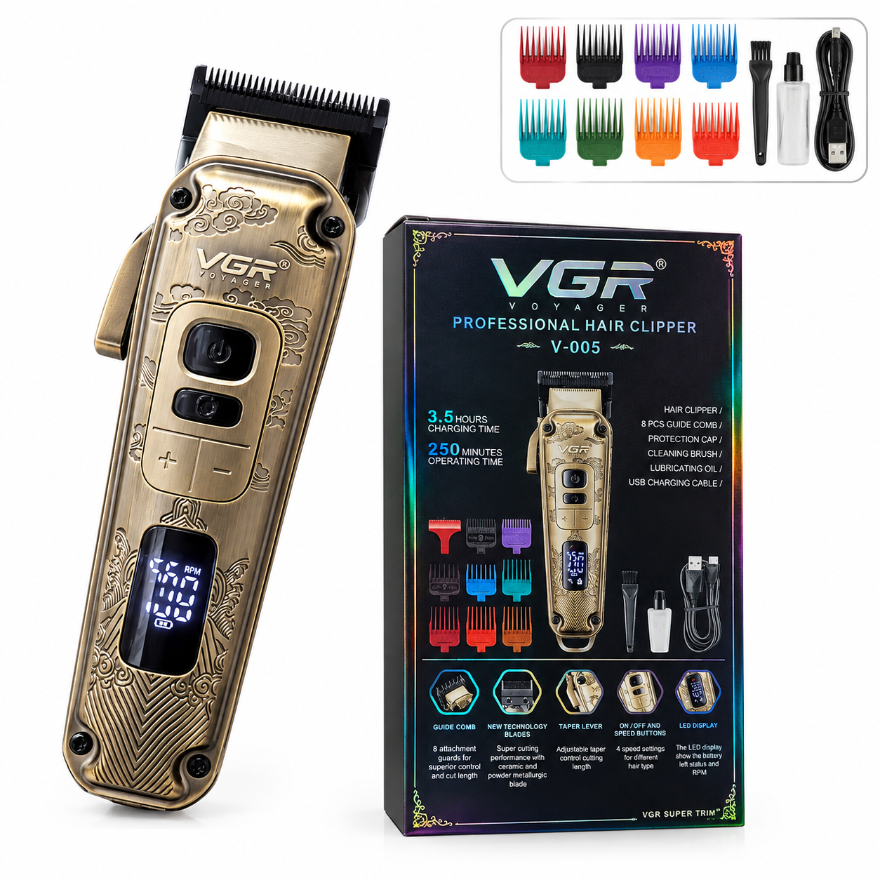 ماشین اصلاح حرفهای VGR Voyager V-005 اورجینال همراه با ۸ شانه اصلاح و لوازم جانبی
