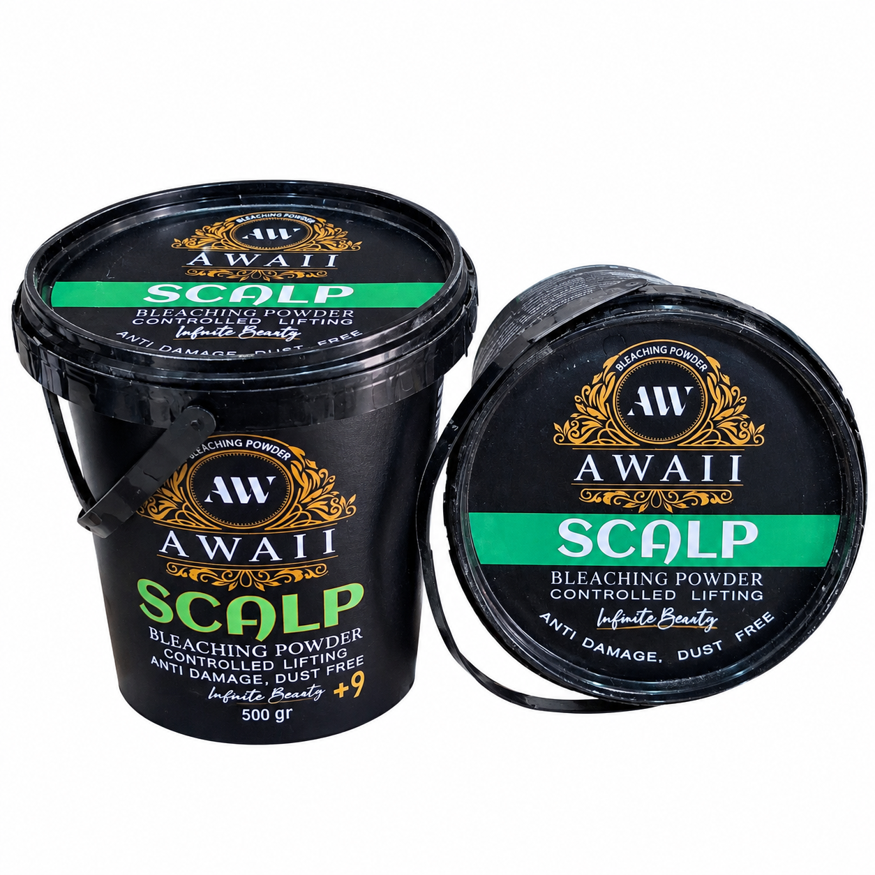 پودر دکلره آوایی اسکالپ AWAI SCALP وزن ۵۰۰ گرم با بسته‌بندی مشکی و نوار سبز