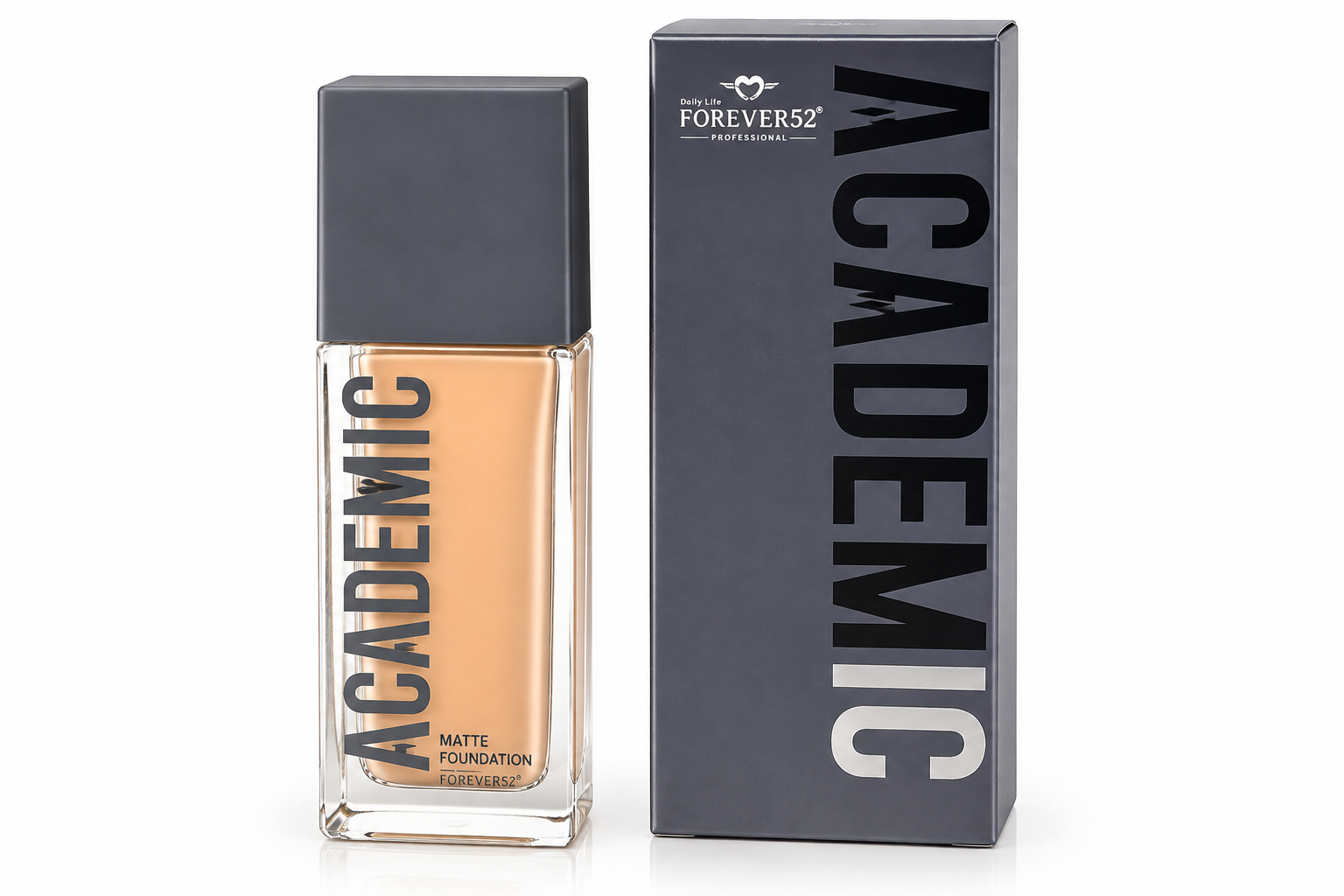 کرم پودر مات آکادمیک فوراور۵۲ مدل Academic Matte Foundation با بسته‌بندی شیشه‌ای و درپوش طوسی